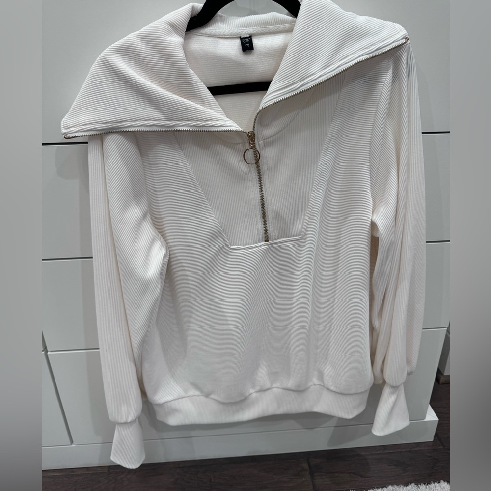 Half Zip Lighter Weight Sweater. Cream with Gold Zipper